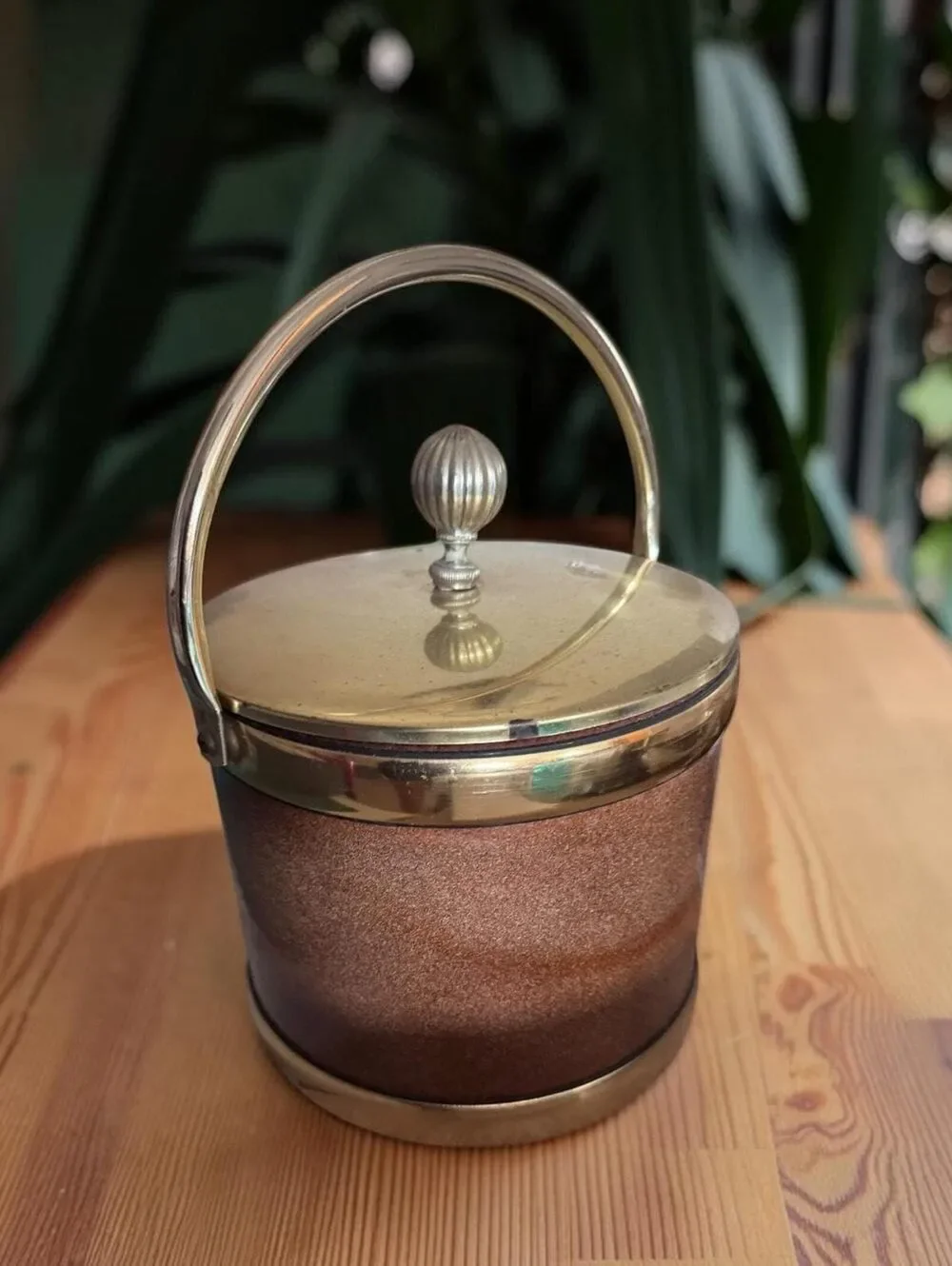 Vintage 1960s 70s Brown Faux Leather Ice Bucket Brass Tone Barware MCM